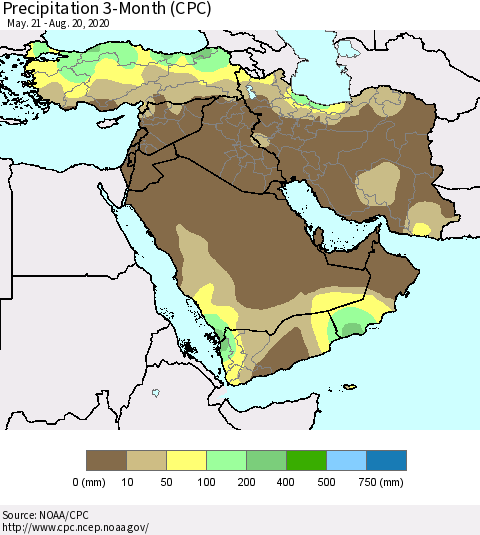 Middle East and Turkey Precipitation 3-Month (CPC) Thematic Map For 5/21/2020 - 8/20/2020