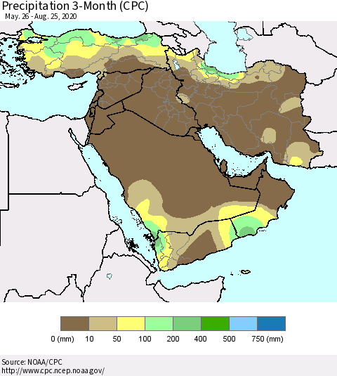 Middle East and Turkey Precipitation 3-Month (CPC) Thematic Map For 5/26/2020 - 8/25/2020