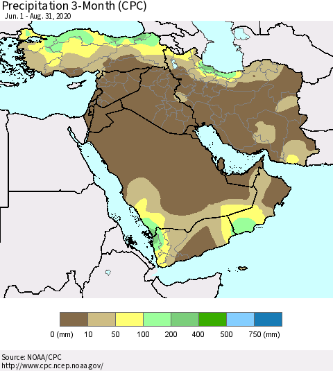 Middle East and Turkey Precipitation 3-Month (CPC) Thematic Map For 6/1/2020 - 8/31/2020