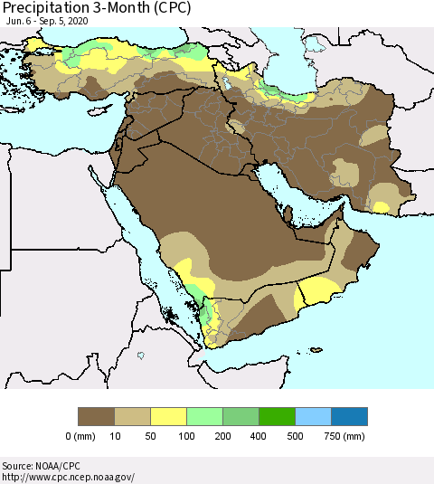 Middle East and Turkey Precipitation 3-Month (CPC) Thematic Map For 6/6/2020 - 9/5/2020