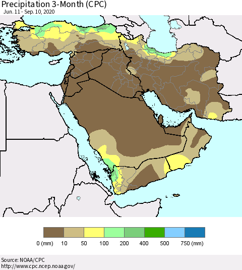 Middle East and Turkey Precipitation 3-Month (CPC) Thematic Map For 6/11/2020 - 9/10/2020