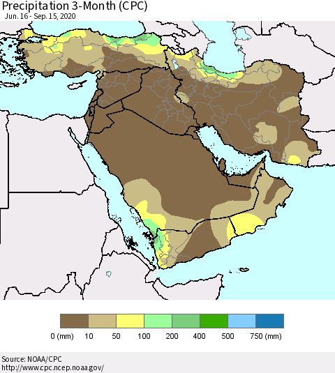 Middle East and Turkey Precipitation 3-Month (CPC) Thematic Map For 6/16/2020 - 9/15/2020