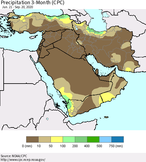 Middle East and Turkey Precipitation 3-Month (CPC) Thematic Map For 6/21/2020 - 9/20/2020