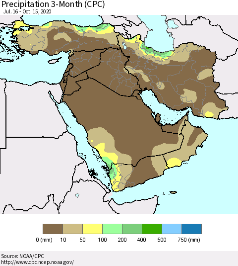 Middle East and Turkey Precipitation 3-Month (CPC) Thematic Map For 7/16/2020 - 10/15/2020