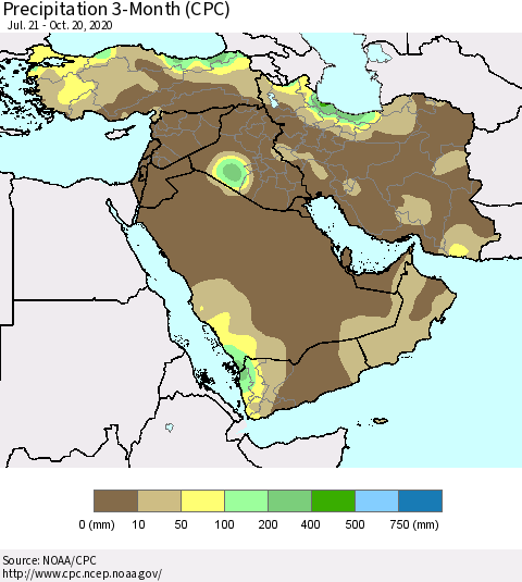 Middle East and Turkey Precipitation 3-Month (CPC) Thematic Map For 7/21/2020 - 10/20/2020