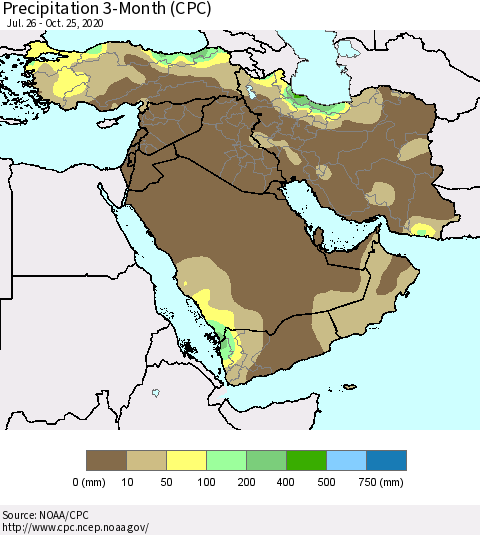 Middle East and Turkey Precipitation 3-Month (CPC) Thematic Map For 7/26/2020 - 10/25/2020