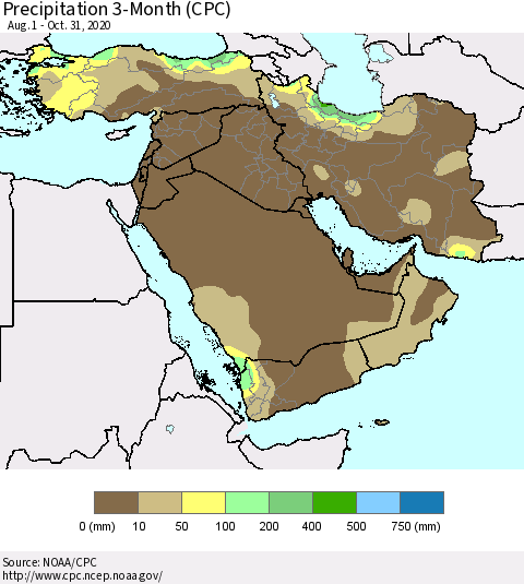 Middle East and Turkey Precipitation 3-Month (CPC) Thematic Map For 8/1/2020 - 10/31/2020