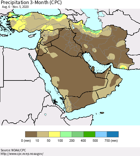 Middle East and Turkey Precipitation 3-Month (CPC) Thematic Map For 8/6/2020 - 11/5/2020