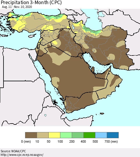 Middle East and Turkey Precipitation 3-Month (CPC) Thematic Map For 8/11/2020 - 11/10/2020