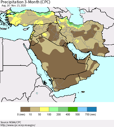 Middle East and Turkey Precipitation 3-Month (CPC) Thematic Map For 8/16/2020 - 11/15/2020