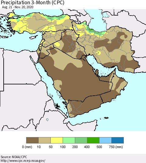Middle East and Turkey Precipitation 3-Month (CPC) Thematic Map For 8/21/2020 - 11/20/2020