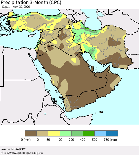 Middle East and Turkey Precipitation 3-Month (CPC) Thematic Map For 9/1/2020 - 11/30/2020