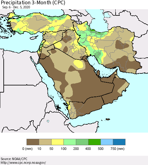 Middle East and Turkey Precipitation 3-Month (CPC) Thematic Map For 9/6/2020 - 12/5/2020