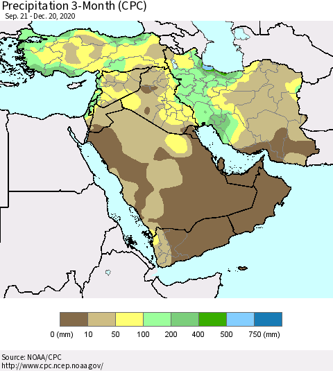 Middle East and Turkey Precipitation 3-Month (CPC) Thematic Map For 9/21/2020 - 12/20/2020
