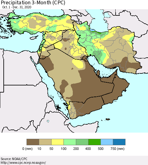 Middle East and Turkey Precipitation 3-Month (CPC) Thematic Map For 10/1/2020 - 12/31/2020