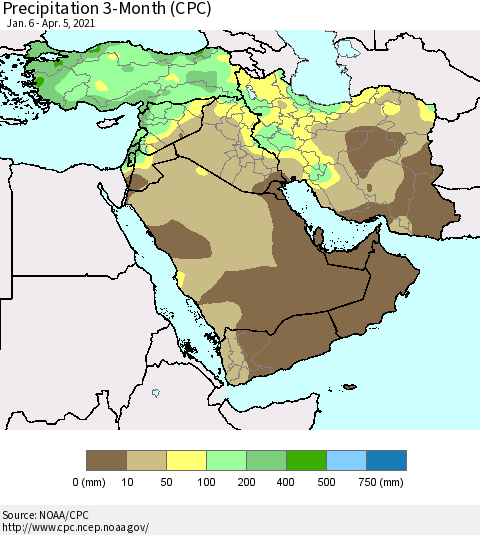 Middle East and Turkey Precipitation 3-Month (CPC) Thematic Map For 1/6/2021 - 4/5/2021