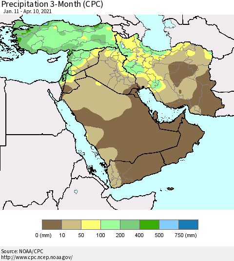 Middle East and Turkey Precipitation 3-Month (CPC) Thematic Map For 1/11/2021 - 4/10/2021