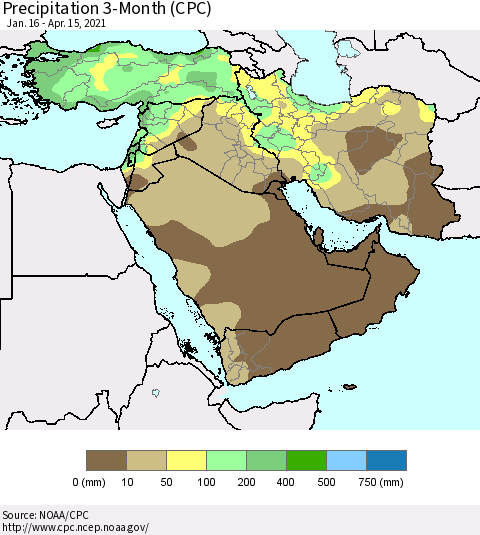 Middle East and Turkey Precipitation 3-Month (CPC) Thematic Map For 1/16/2021 - 4/15/2021