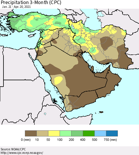 Middle East and Turkey Precipitation 3-Month (CPC) Thematic Map For 1/21/2021 - 4/20/2021