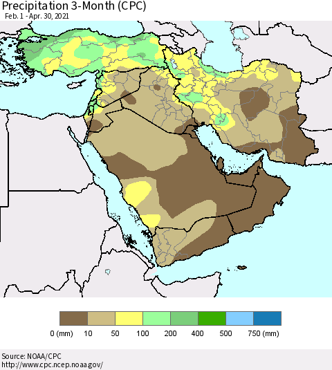 Middle East and Turkey Precipitation 3-Month (CPC) Thematic Map For 2/1/2021 - 4/30/2021