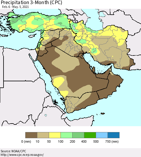 Middle East and Turkey Precipitation 3-Month (CPC) Thematic Map For 2/6/2021 - 5/5/2021