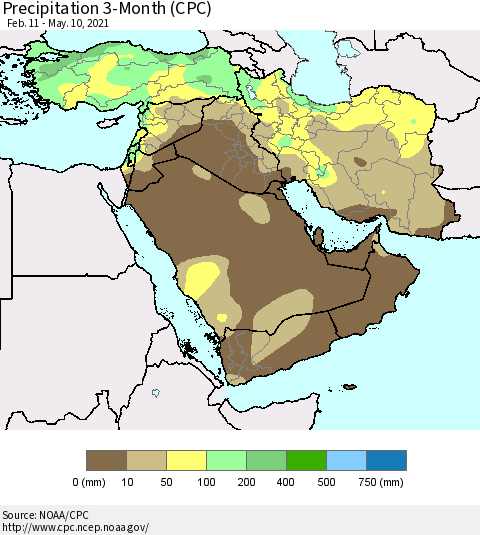 Middle East and Turkey Precipitation 3-Month (CPC) Thematic Map For 2/11/2021 - 5/10/2021