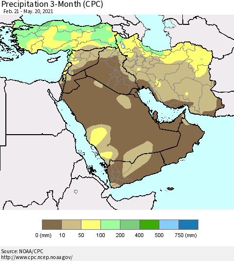 Middle East and Turkey Precipitation 3-Month (CPC) Thematic Map For 2/21/2021 - 5/20/2021