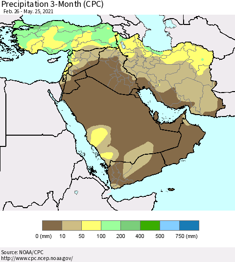 Middle East and Turkey Precipitation 3-Month (CPC) Thematic Map For 2/26/2021 - 5/25/2021