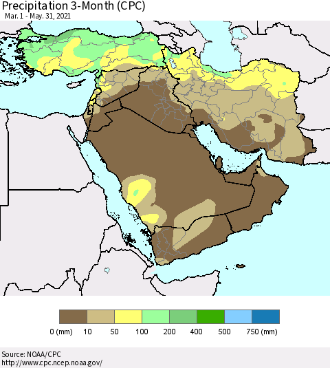 Middle East and Turkey Precipitation 3-Month (CPC) Thematic Map For 3/1/2021 - 5/31/2021