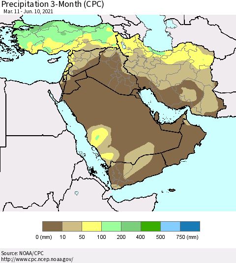 Middle East and Turkey Precipitation 3-Month (CPC) Thematic Map For 3/11/2021 - 6/10/2021