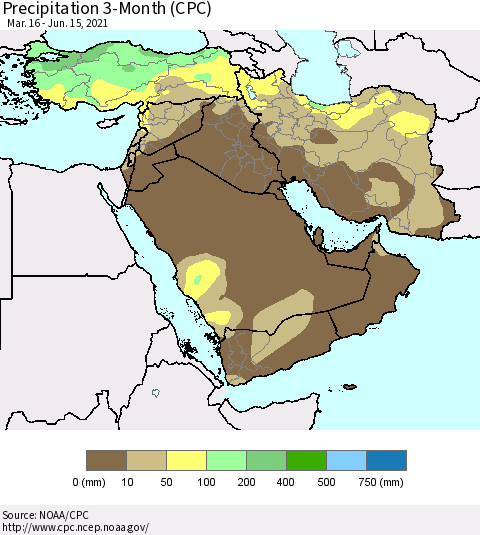 Middle East and Turkey Precipitation 3-Month (CPC) Thematic Map For 3/16/2021 - 6/15/2021