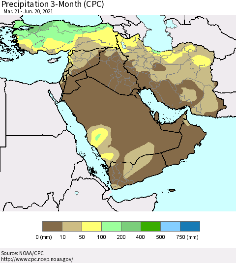 Middle East and Turkey Precipitation 3-Month (CPC) Thematic Map For 3/21/2021 - 6/20/2021