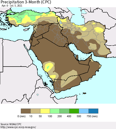 Middle East and Turkey Precipitation 3-Month (CPC) Thematic Map For 4/6/2021 - 7/5/2021