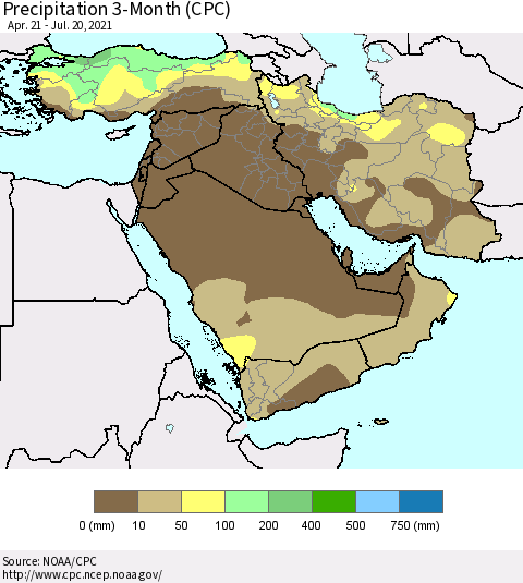 Middle East and Turkey Precipitation 3-Month (CPC) Thematic Map For 4/21/2021 - 7/20/2021