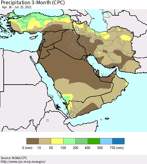 Middle East and Turkey Precipitation 3-Month (CPC) Thematic Map For 4/26/2021 - 7/25/2021