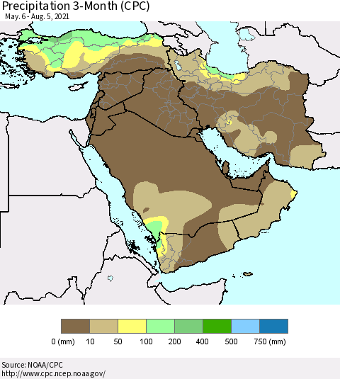 Middle East and Turkey Precipitation 3-Month (CPC) Thematic Map For 5/6/2021 - 8/5/2021
