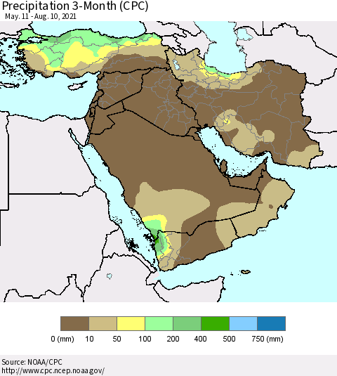 Middle East and Turkey Precipitation 3-Month (CPC) Thematic Map For 5/11/2021 - 8/10/2021
