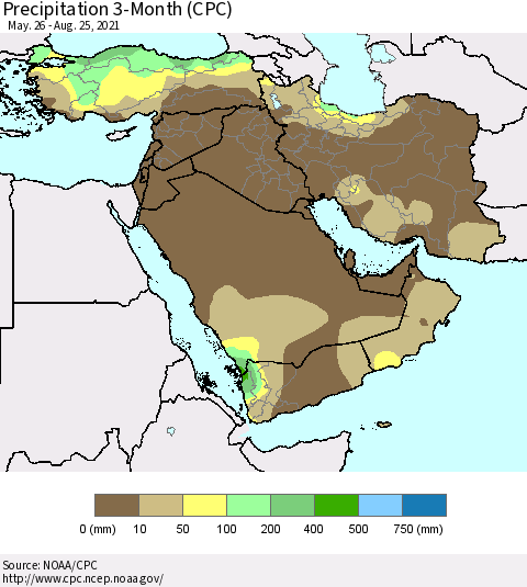 Middle East and Turkey Precipitation 3-Month (CPC) Thematic Map For 5/26/2021 - 8/25/2021