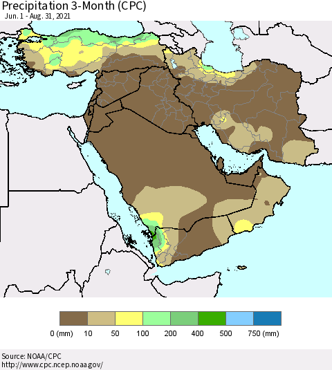Middle East and Turkey Precipitation 3-Month (CPC) Thematic Map For 6/1/2021 - 8/31/2021