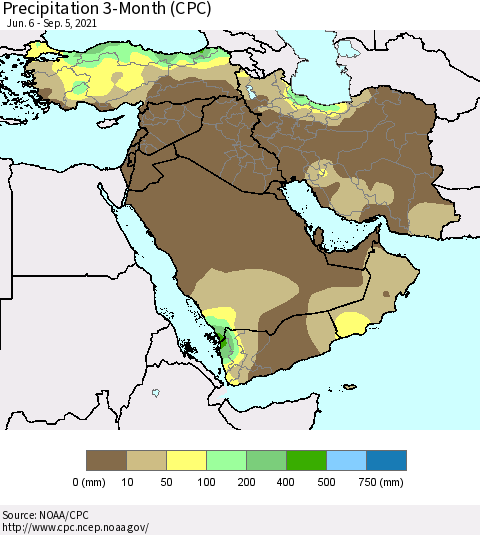 Middle East and Turkey Precipitation 3-Month (CPC) Thematic Map For 6/6/2021 - 9/5/2021