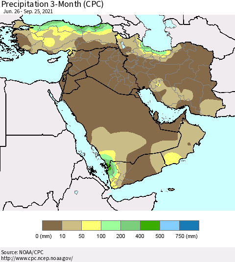 Middle East and Turkey Precipitation 3-Month (CPC) Thematic Map For 6/26/2021 - 9/25/2021