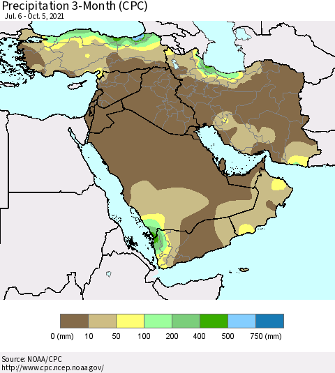 Middle East and Turkey Precipitation 3-Month (CPC) Thematic Map For 7/6/2021 - 10/5/2021