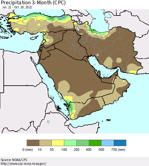 Middle East and Turkey Precipitation 3-Month (CPC) Thematic Map For 7/21/2021 - 10/20/2021