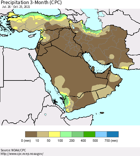 Middle East and Turkey Precipitation 3-Month (CPC) Thematic Map For 7/26/2021 - 10/25/2021