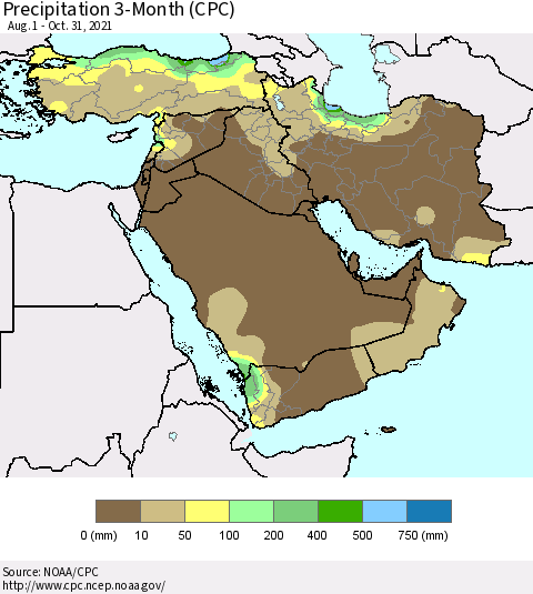 Middle East and Turkey Precipitation 3-Month (CPC) Thematic Map For 8/1/2021 - 10/31/2021