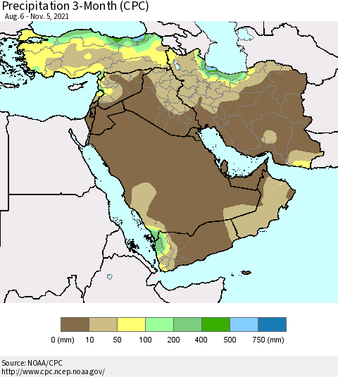 Middle East and Turkey Precipitation 3-Month (CPC) Thematic Map For 8/6/2021 - 11/5/2021