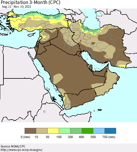 Middle East and Turkey Precipitation 3-Month (CPC) Thematic Map For 8/11/2021 - 11/10/2021