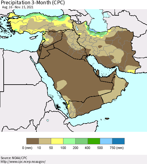 Middle East and Turkey Precipitation 3-Month (CPC) Thematic Map For 8/16/2021 - 11/15/2021