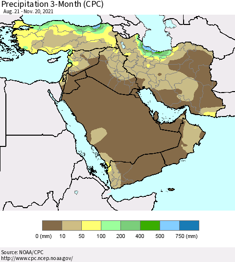 Middle East and Turkey Precipitation 3-Month (CPC) Thematic Map For 8/21/2021 - 11/20/2021