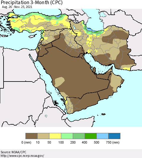 Middle East and Turkey Precipitation 3-Month (CPC) Thematic Map For 8/26/2021 - 11/25/2021